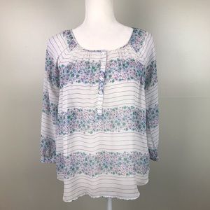 LC Lauren Conrad Floral Peasant Blouse White Semi Sheer Long a sleeve